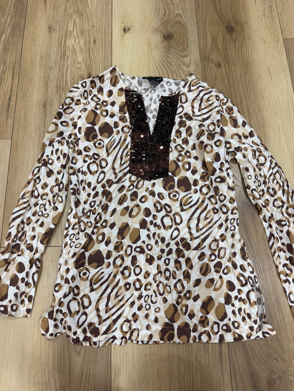 mercer & madison Brown, Cream Leopard Print Sequin Tunic